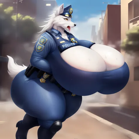 (sfw, 8K, Masterpiece, high resolution, super fine illustration:1.3), (anime:1.2), (fluffy:1.5), detailed background, solo, (cute), (1 female white wolf anthro:1.5), tall,  (plump, thicc:1.75), topheavy, (huge breasts:2.0), cleavage, (huge ass, thick thigh...