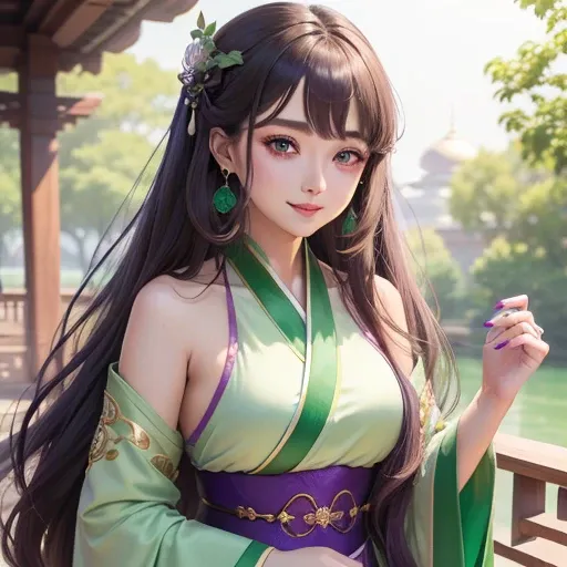 (High detail, super quality, high resolution, 8k), (mature female, long hair, big eyes, earrings, necklace), (wearing purple and emerald green Hanfu: 1.2) Smile: 1.2, Palace: 1.2, natural soft light