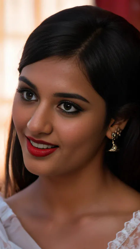 (editorial photograph of a young Indian woman with big boobs red lips)、karla ortiz, (highly detailed face:1.4) (smile:0.7) (backround 5 star hotel , moody, private study:1.3) POV, by lee jeffries, nikon d850, film stock photograph ,4 kodak portra 400 ,came...