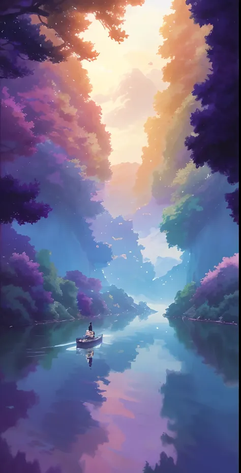 Anime landscape of a man on a boat in the river, Makoto Shinkai Cyril Rolando, anime beautiful peace scene, Anime background art, dreamlike digital painting, beautiful anime scenery, Anime landscape concept art, colorful anime movie background, Anime lands...