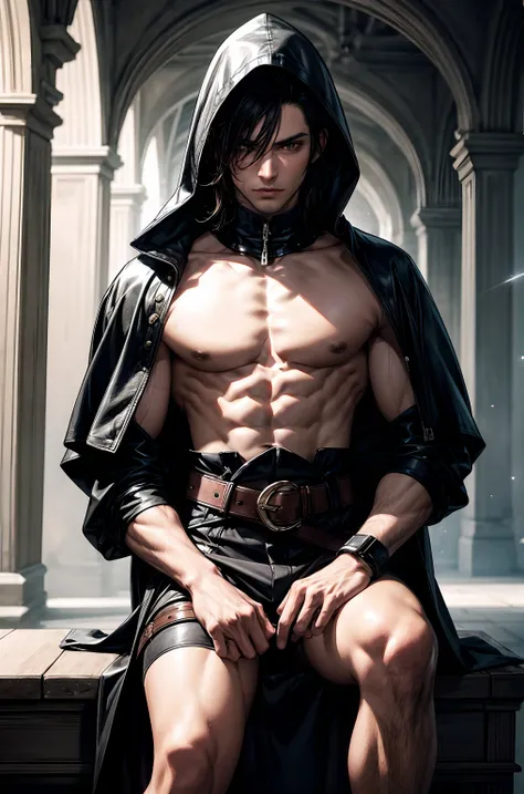 (absurderes, hight resolution, ultra-detailliert), 1 male, Adult, Handsome, High muscular face, broad shoulders, finely detailed eyes, Short black hair, Brown eyes, Black cloak, Wearing a hood, Leather Vest, Leather bag at waist...............................