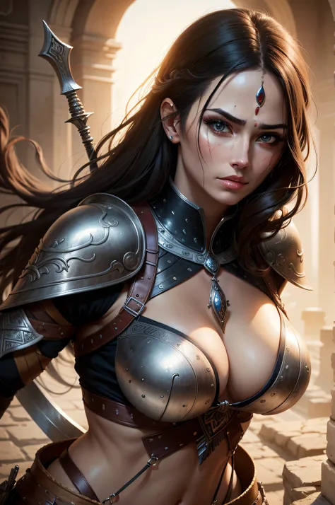 a beautiful woman warrior, Realistic, Detailed,