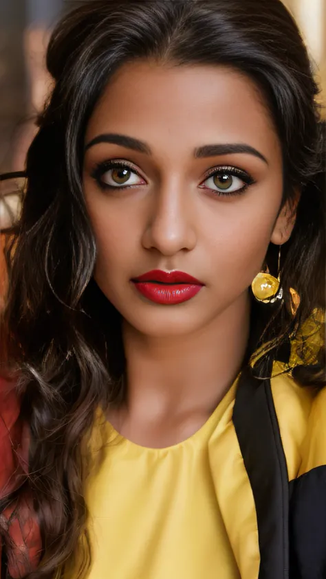 (editorial photograph of a young Indian woman with big boobs red lips)、(((yellow top and black jacket)))、karla ortiz, (highly detailed face:1.4) (smile:0.7) (backround 5 star hotel , moody, private study:1.3) POV, by lee jeffries, nikon d850, film stock ph...