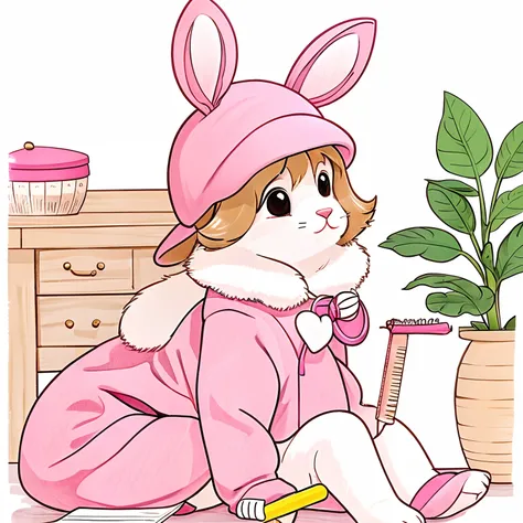 Rabbit wearing a pink sauna hat　Loose Picture　Pencil drawing　simple