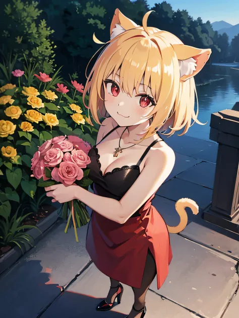 (masterpiece, best quality:1.2), neco-arc, 1girl, animal ears, dress, bouquet, cat ears, :3, blush, tail, red dress, high heels, cat tail, blonde hair, holding bouquet, holding, solo, cat girl, mature, flower, animal ear fluff, red eyes, slit pupils, night...