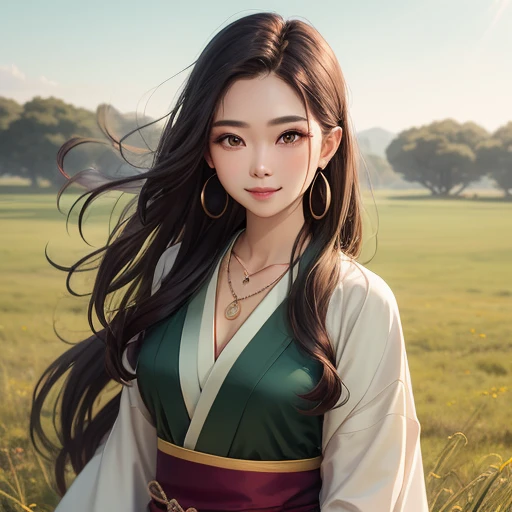 (High detail, super quality, high resolution, 8k), (mature female, long hair, big eyes, earrings, necklace), (wearing dark green Hanfu: 1.2) Smile: 1.2, grassland: 1.2, natural soft light