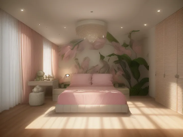 best quality, 4k, 8k, high resolution, masterpiece: 1.2), super detailed, (realistic, photo-realistic, photo-realistic: 1.37), pink bedroom, cozy, soft space commercial and inviting, pillows and duvets, wall art decoration, decorative flowers, modern furni...