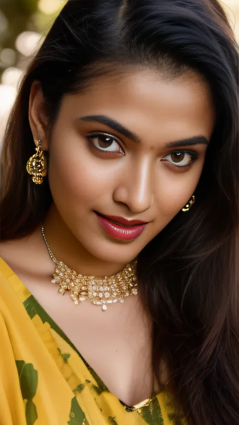 day scene, extreme close up photo of seductive indian model from top view wearing semi yellow top with big breast, big cheeks, r...