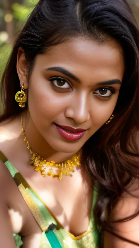 day scene, extreme close up photo of seductive indian model from top view wearing semi yellow top with big breast, big cheeks, r...