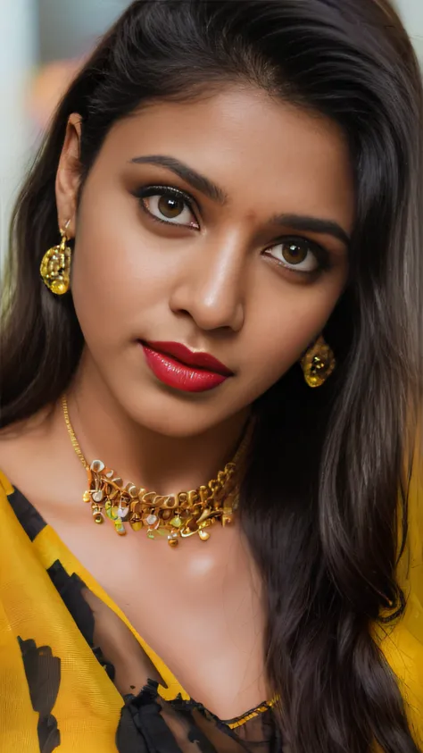 (editorial photograph of a young indian woman with big boobs red lips)、(((yellow lime sari)))、karla ortiz, (highly detailed face...