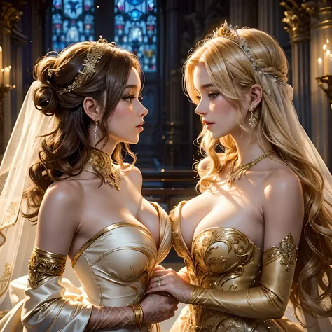 2 Gorgeous teen, perfect body,both wearing beautiful ball gold/blurb gown for wedding , Strapless shoulders, front, golden hair that’s slightly curly, , Loving, both are getting marked to eachother, kissing, castle background, 2 girl twins getting married,...