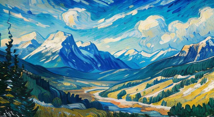 a view of the rocky mountains in the style of vincent van gogh / Impressionist painting / heavy brush strokes /by  Vincent Van Gogh / impressionist oil painting