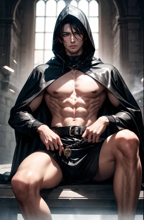 (absurderes, hight resolution, ultra-detailliert), 1 male, Adult, Handsome, High muscular face, broad shoulders, finely detailed eyes, Short black hair, Brown eyes, Black cloak, Wearing a hood, Leather Vest, Leather bag at waist...............................