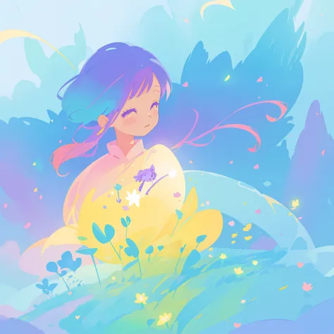 beautiful girl in yellow minut gradient flowing dress, long flowing blue purple pink hair, colorful fantasia background, watercolor illustration, disney art style, glowing aura around her, glowing lights, beautiful digital illustration, fantasia otherworld...