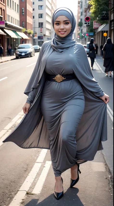 RAW, Best quality, high resolution, masterpiece: 1.3), Beautiful Malay woman in hijab (iu:0.8), wearing gamis, abaya, long gray turtle neck, flowing shawl, walking on a country road in the morning, catwalk, smiling at the audience , (big breasts),((full bo...