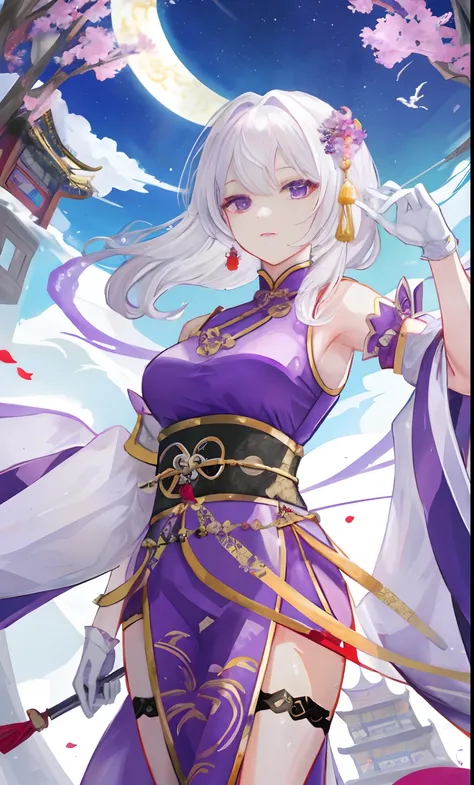 Queen of Mothers，Watching the view，，White hair，Wear purple robes，Long white gloves are worn on the elbows(Must be above the elbow)，There is a dragon behind him，Chinese Ancient Architecture