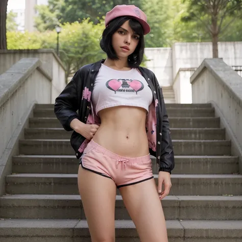 cool girl, short t-shirt with print, shorts, navel, stairs, park, sneakers, hat, cropped jacket, big breasts, erect breasts, black hair, short hair, pink panties,