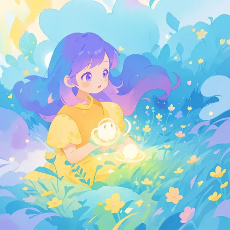 beautiful girl in yellow minut gradient flowing dress, long flowing blue purple pink hair, colorful fantasia background, watercolor illustration, disney art style, glowing aura around her, glowing lights, beautiful digital illustration, fantasia otherworld...