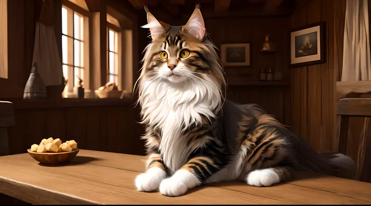 modelshoot style, 8k, portrait of a cute maine coon cat sitting on a wooden table in a medieval tavern, detailed fur, trending on ArtStation, trending on CGSociety, Intricate, High Detail, Sharp focus, dramatic lighting, digital painting, digital art, by a...