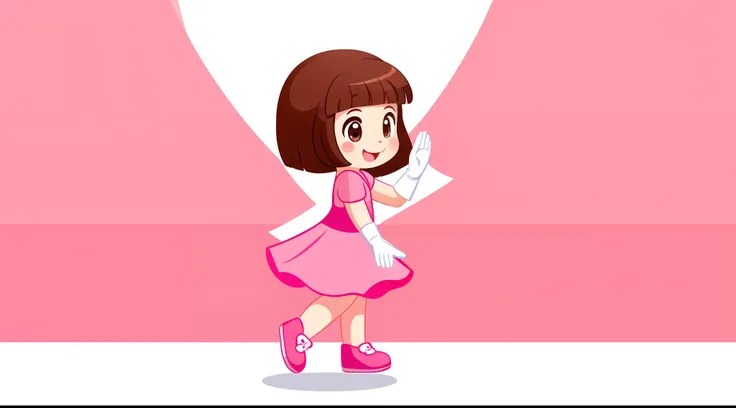 Profile image of a single 5 year old girl waving her hands, alone, happy, with brown hair, brown eyes, rosy cheeks, pink dress, white gloves, pink shoes, full body, white background, 2D style childrens illustration.