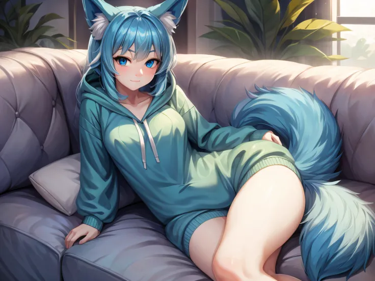 (Masterpiece) (High Detail) (High Res) A short humanoid girl with pale skin and blue eyes and long blue hair and blue dog ears and a big fluffy dog tail is looking welcoming and is laying on her sofa alone dressed in a green onesie.