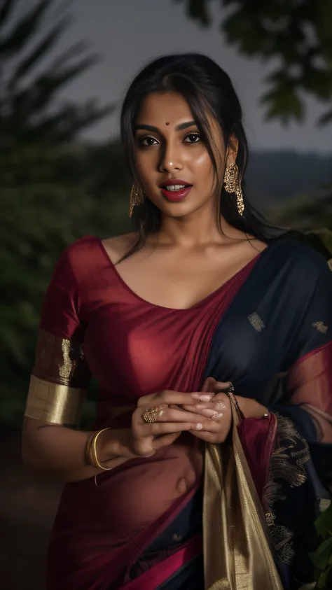 day scene, extreme close up photo of seductive indian model from top view wearing semi black sari and top with big breast, big cheeks, red Hollywood lips, squatting near shrub in a garden, hourglass figure, armpits, (blue eyes:1), ponytail, necklace, 30 yo...