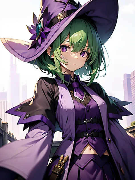 top-quality、extremely delicate and beautiful、(A teenage girl)、Purple Eye、Green hair、short-haired、(purple witch hat)、Purple tie、Tactical Vest、Soio、shortsleeves、Purple skirt、Purple Wizard Robe、Navel、is standing、Facing the front、