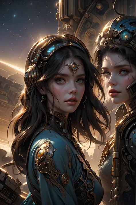 Close-up of a woman wearing a helmet and sci-fi, boris vallejo and tom bagshaw, Prophet graphic novel, Cosmic artifacts, Inspired by Earl Norem, Deep dreams, awarded on cgsociety, looks a bit similar to amy adams, golden turquoise steampunk, anno 2070