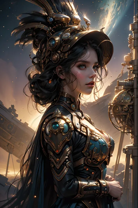 Close-up of a woman wearing a helmet and sci-fi, boris vallejo and tom bagshaw, Prophet graphic novel, Cosmic artifacts, Inspired by Earl Norem, Deep dreams, awarded on cgsociety, looks a bit similar to amy adams, golden turquoise steampunk, anno 2070