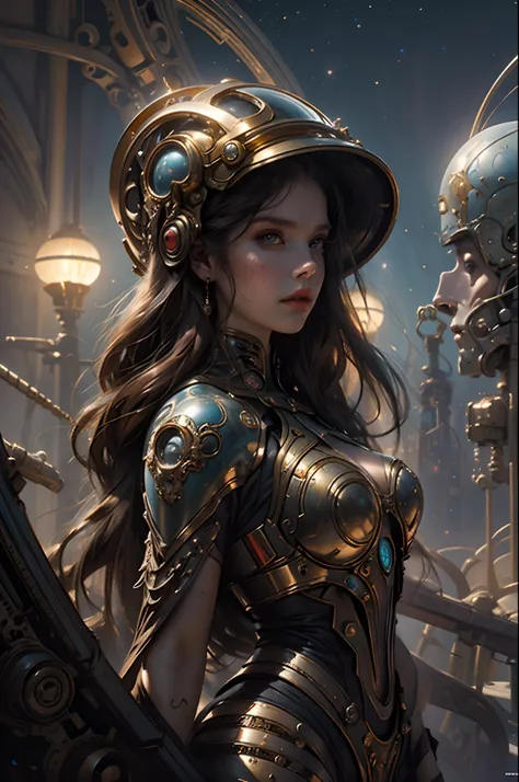 Close-up of a woman wearing a helmet and sci-fi, boris vallejo and tom bagshaw, Prophet graphic novel, Cosmic artifacts, Inspired by Earl Norem, Deep dreams, awarded on cgsociety, looks a bit similar to amy adams, golden turquoise steampunk, anno 2070