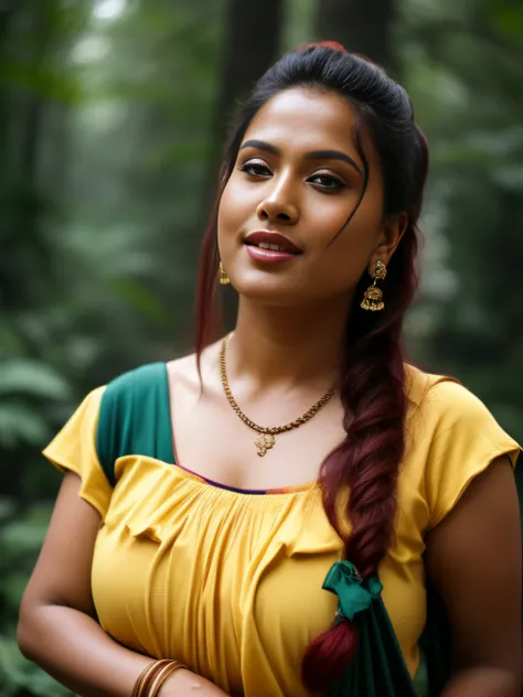 day scene, extreme close up photo of seductive indian model from top view wearing semi yellow crop top with big breast, big cheeks, red Hollywood lips, squatting near shrub in a garden, hourglass figure, armpits, (long loose silky natural reddish black hai...