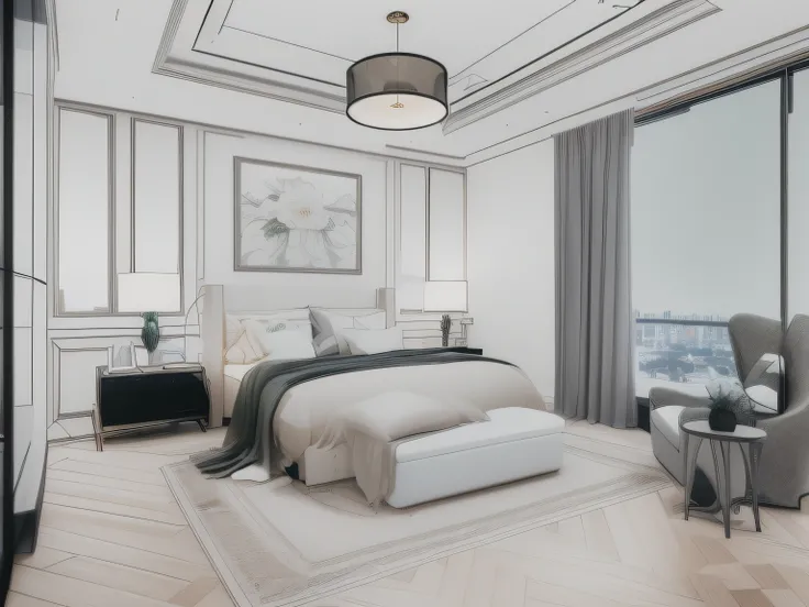 a modern bedroom,highres,uıtra-detailed,professional,realistic,bokeh,neutral color palette,elegant furniture,minimalist design,soft ambient lighting,large windows overlooking the city,sleek wooden flooring,plush rug,comfortable king size bed,crisp white sh...