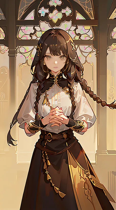 Striped hair, Light brown hair, low twin braids, hair adornments, hairpods, covering eyes, contemplative, character sheets, stats, hyper HD, Masterpiece, ccurate, Super detail, A high resolution, 1080p, 8K, 16k,A girl, full bodyesbian