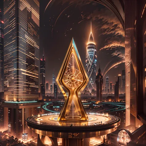 Huge golden table clock，Golden Wheel，Diamond gemstone decoration，Diamond dial，Located in the heart of the luxurious Golden City，Drive the city of Dubai through the desert，Enter a fascinating vision of the future through captivating futuristic imagery of th...