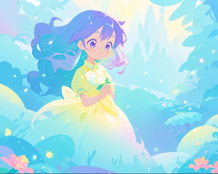 beautiful girl in yellow mint gradient flowing ballgown, long flowing blue purple hair, colorful fantasia background, watercolor illustration, disney art style, glowing aura around her, glowing lights, beautiful digital illustration, fantasia otherworldly ...