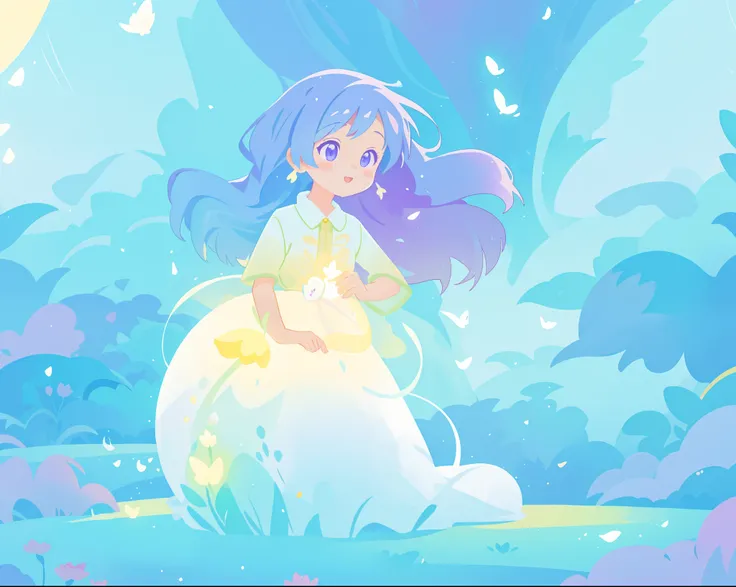 beautiful girl in yellow mint gradient flowing ballgown, long flowing blue purple hair, colorful fantasia background, watercolor illustration, disney art style, glowing aura around her, glowing lights, beautiful digital illustration, fantasia otherworldly ...