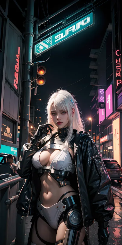 Una chica cyborg retrofuturista con luces de neon ,muchas partes mecanicas , white hair ,big tits , estilo cyberpunk,colores synthwave,otro planeta