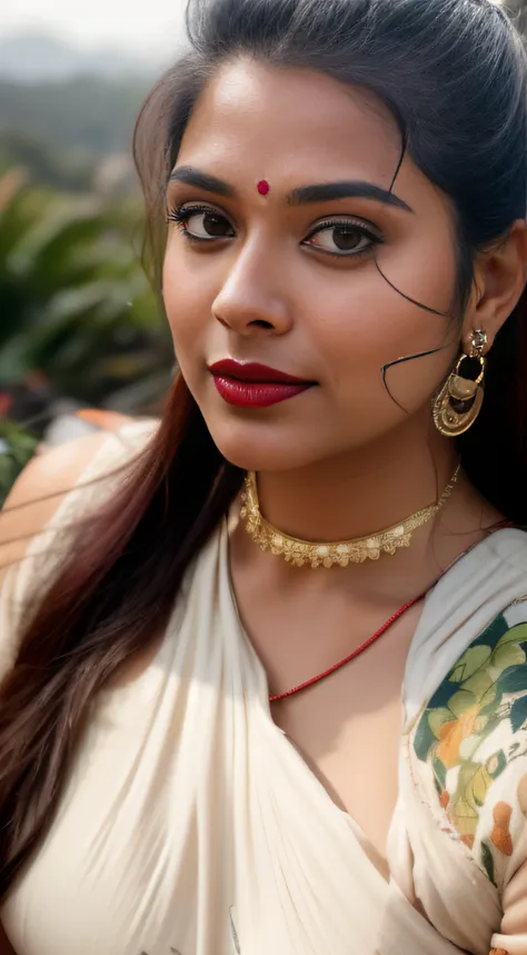 day scene, extreme close up photo of seductive indian model from top view wearing semi red top, big cheeks, red hollywood lips, ...