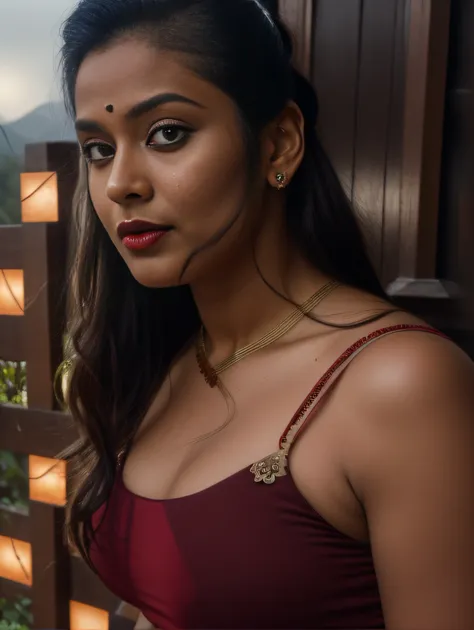 day scene, extreme close up photo of seductive indian model from top view wearing semi red top, big cheeks, red hollywood lips, ...