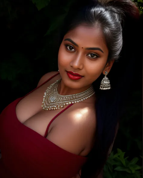 day scene, extreme close up photo of seductive indian model from top view wearing semi red top, big cheeks, red hollywood lips, ...