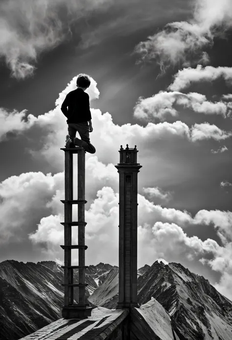 A boy looking down from a narrow small mountain peak, the boys perspective, the boy standing on a one-foot tall spire, the tower is tall and thin, iron tower, all these towers are made of iron, no one around, the tower swaying from side to side, feeling li...