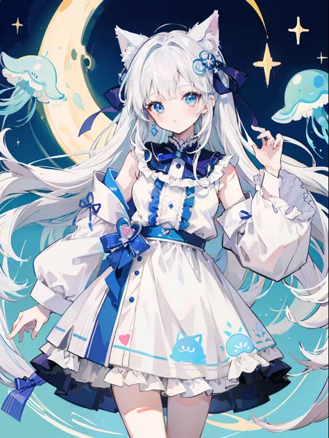 anime pictures。bright and pretty shades。cute woman with cat ears about 18 years old、clothes with a design inspired by national c...