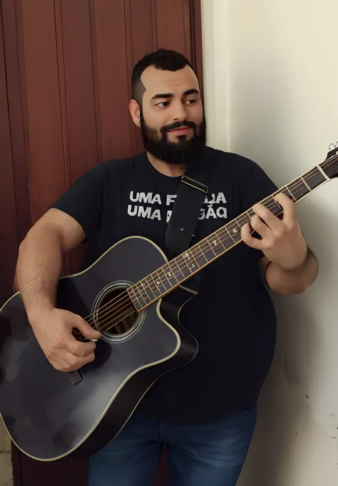 Arafed man with beard and black shirt holding a guitar, playing the guitar, edu souza, playing the guitar, playing a guitar, Emad Mostaque, caio santos, jamming to music, david rios ferreira, Directed by: Nandor Soldier, inspirado em Nathan Oliveira, inspi...