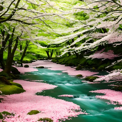 finest image, (8k, RAW photo, realistic), detailed and delicate depiction and flashy and dynamic painting method, lots of cherry blossoms in full bloom lining the banks of the clear stream, fresh green trees, falling petals, sunny skies, wind