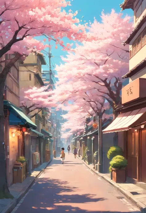 Impeccable quality, with high definition resolution. Adopting a style that mixes Color Field Painting with touches of Urban Realism, anatomically correct. | The theme features a street full of cherry blossom trees, where the beauty of the flowers contrasts...