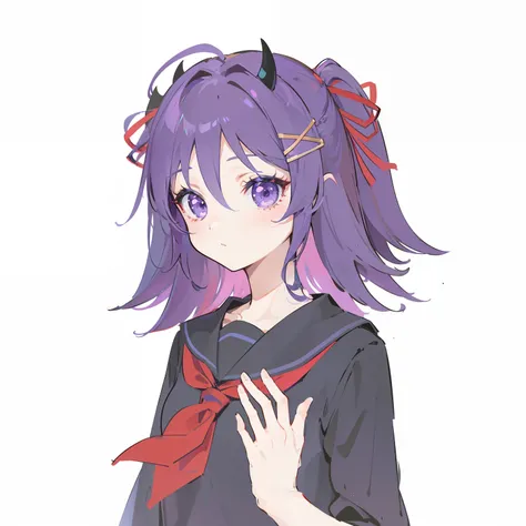 {{best quality}}, {{masterpiece}}, {{ultra-detailed}}, {illustration}, {detailed light}, Purple hair, red headband, sailor suit, hair clip, devil horns