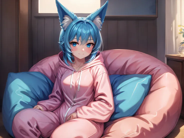 (Masterpiece) (High Detail) (High Res) A short humanoid girl with pale skin and blue eyes and long blue hair and blue dog ears and a big fluffy dog tail is looking welcoming and is sat alone on a beanbag chair dressed in a bright pink onesie.