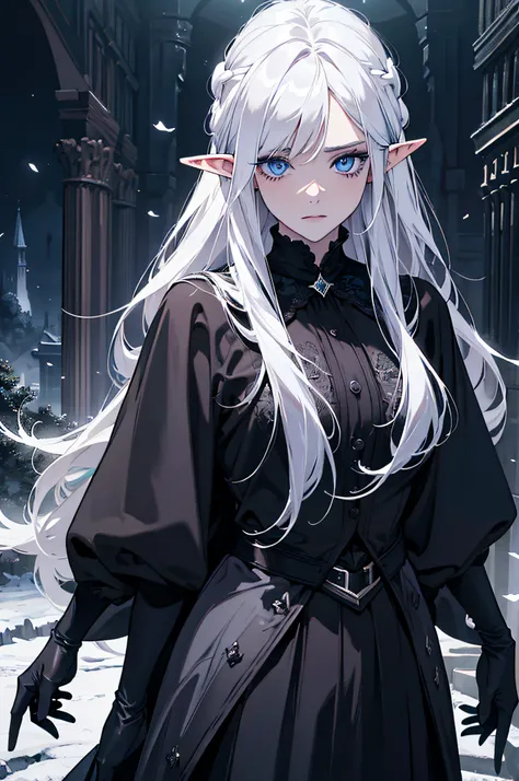 (absurdres, highres, ultra detailed), 1 woman, adult, beautiful, white girl, elf, pointy ears, long white hair, cristal blue eyes, dark makeup, finely detailed eyes and detailed face, fantasy, night, dark theme, cinematic lighting, colorful, portrait , fly...