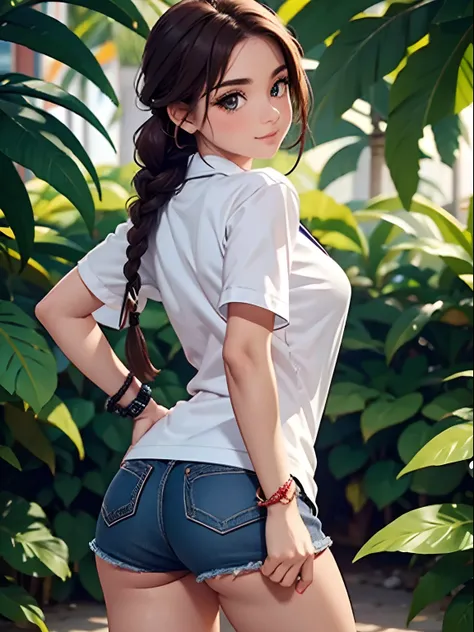 , 1girl, Video game character, rua escura, noite, cintura perfeita, ombreiras, gargantilhas, rosto bonito, olhos detalhados, corpo perfeito, coxas grossas, bunda grande, seios pequenos, hair with braids, posando pra foto, hand on ass, hands on thigh, bunda...