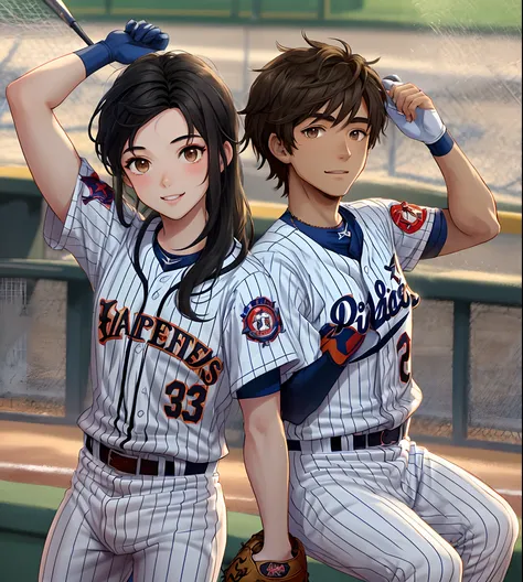 Disney characters a boy with black hair and brown eyes whos a baseball player and a girl with dark brown hair and dark brown eyes and they are in love